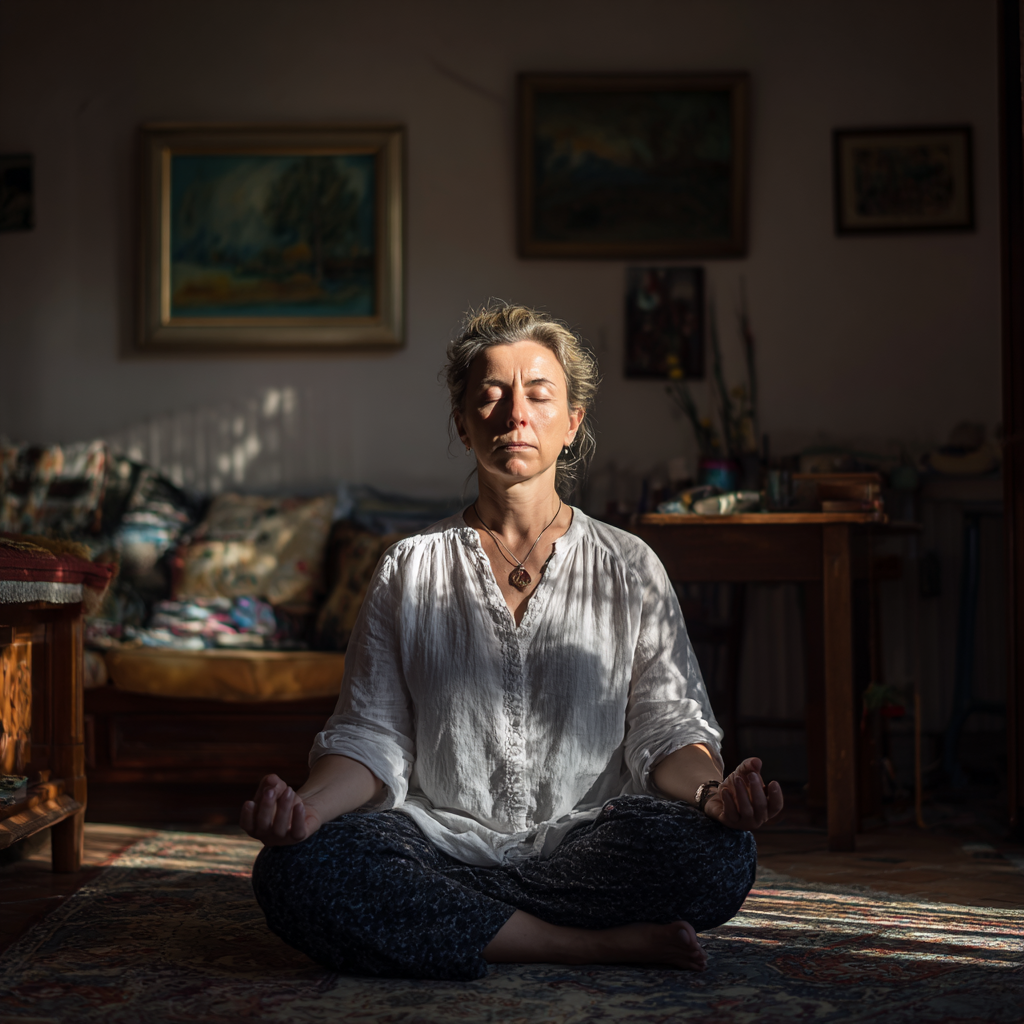 Középkorú magyar férfi meditációs pozícióban, koncentrálva légzéstechnikákra, békés arckifejezéssel